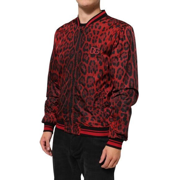 Dolce & Gabbana Red Leopard Print Full Zip Bomber Men's Jacket